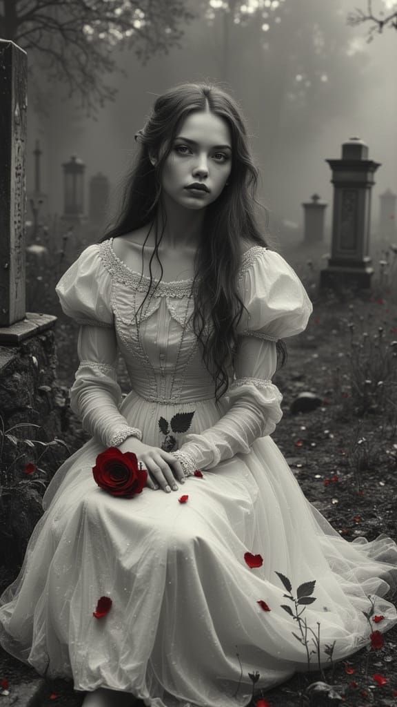 Melancholy Woman in Graveyard with Red Rose