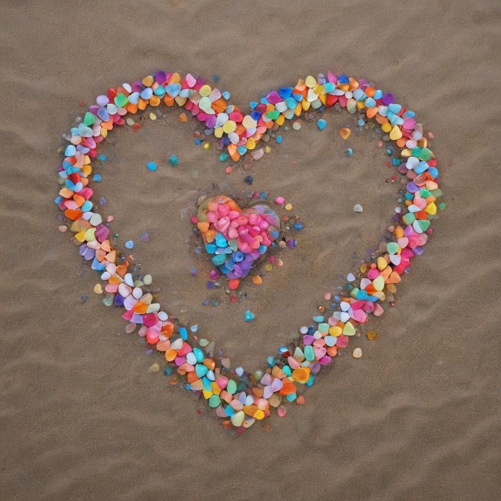Neon Rainbow Hearts on a Beach, Surreal Art