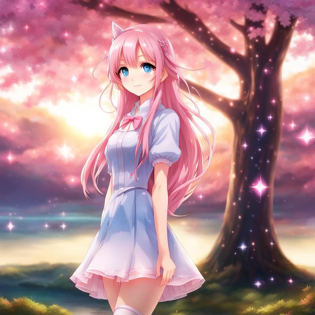 Anime Girl with Pink Hair Gazing at Galaxy