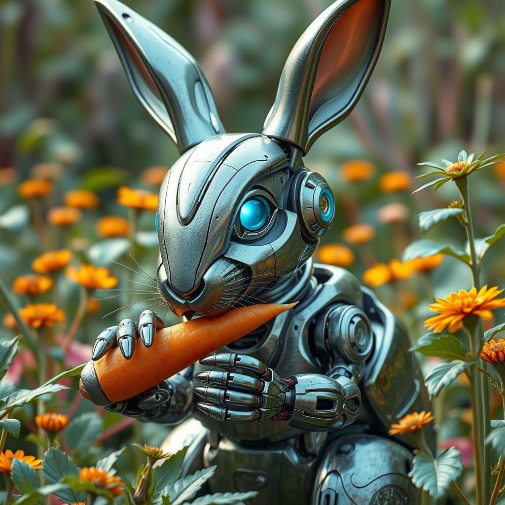 Robotic Rabbit in Futuristic Garden, Digital Art
