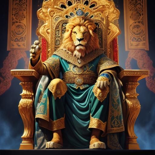 Lion of Judah on Throne: Hyperrealistic Splash Art