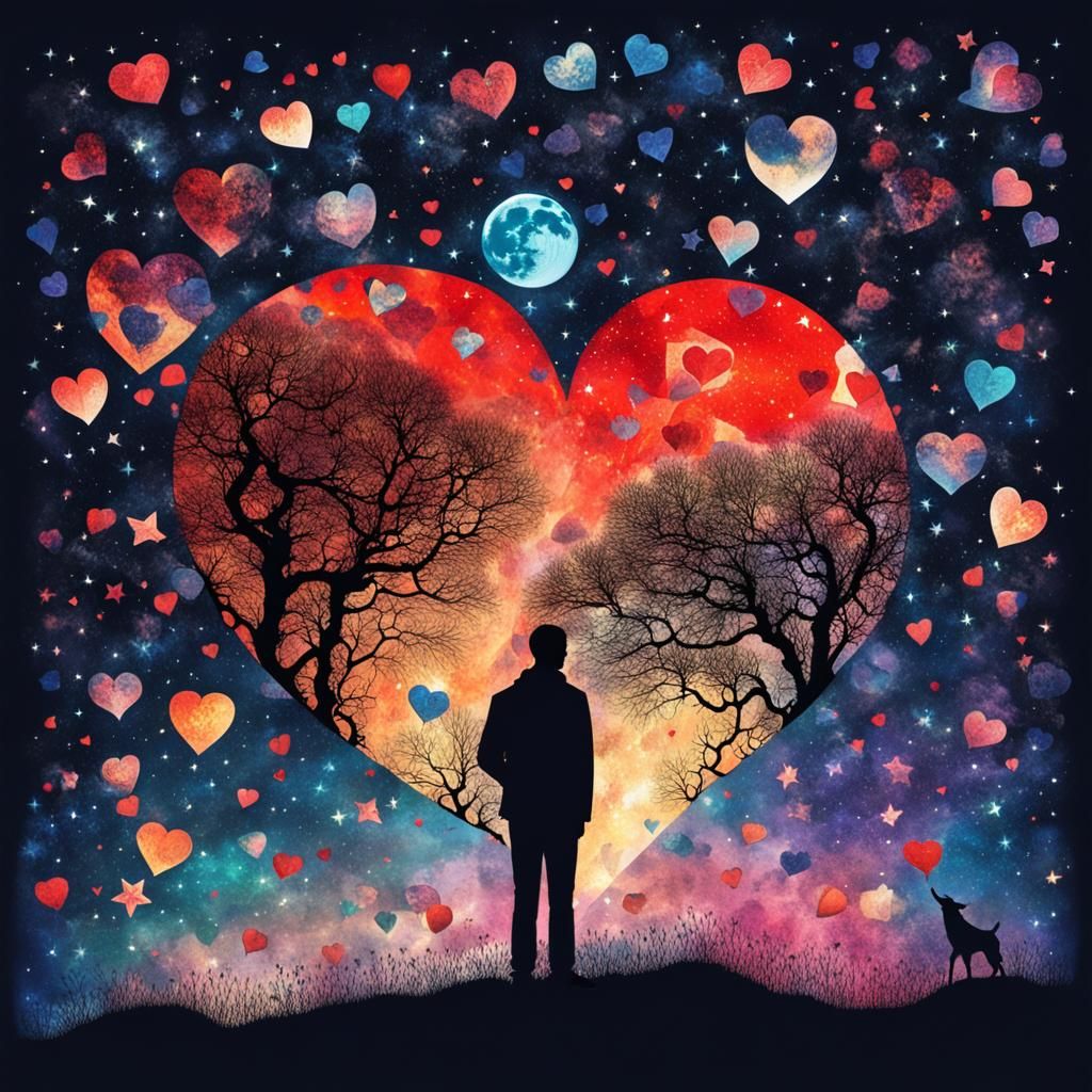 Macabre Heartbreak: Surreal Starry Night Collage