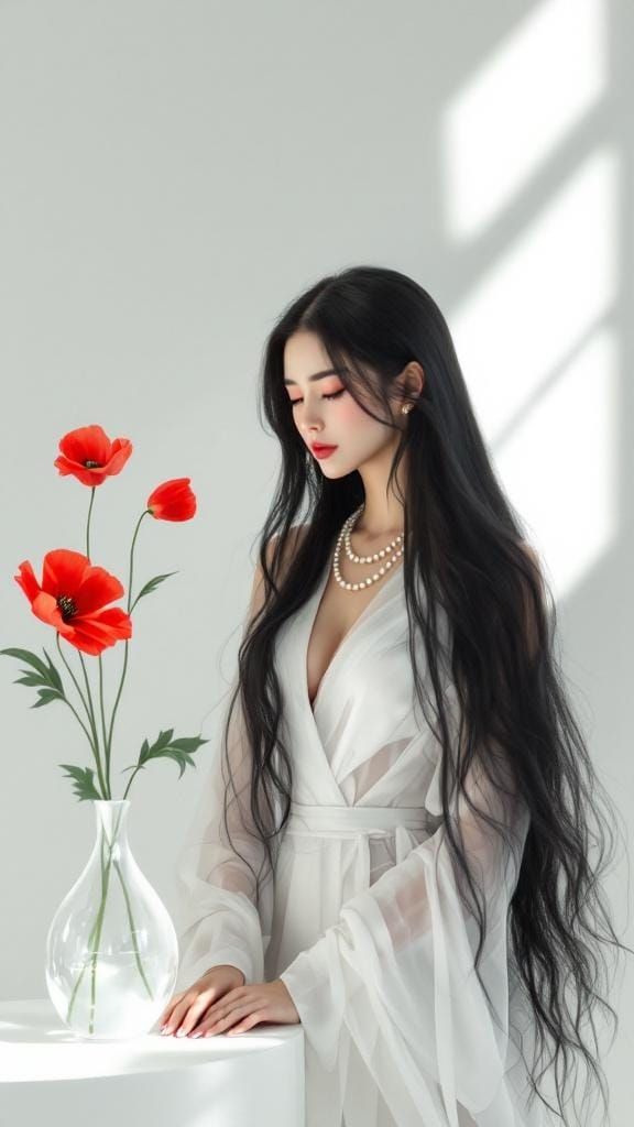 East Asian Beauty with Poppy, Hyperrealistic Art