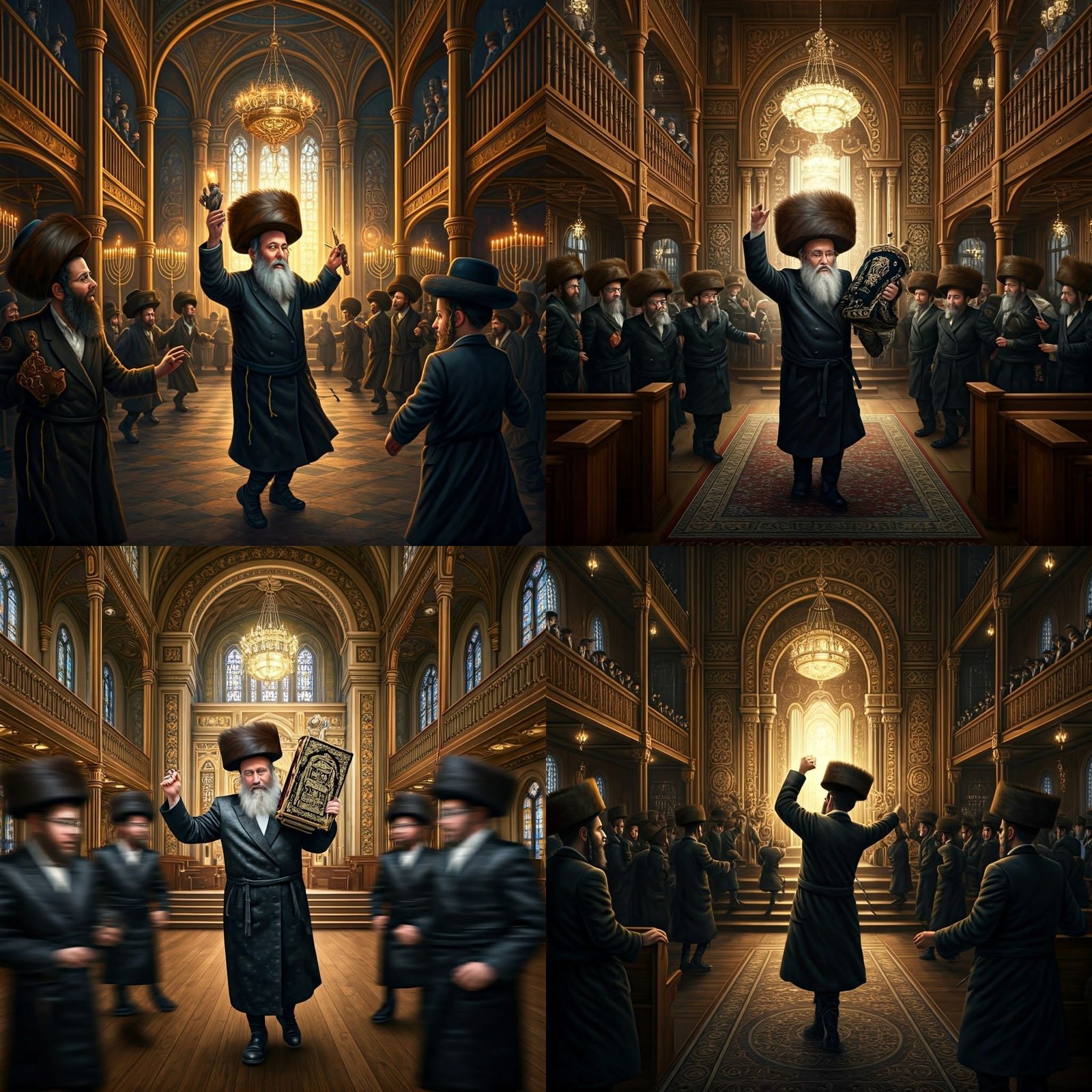 Orthodox Man Dancing with Torah in Steampunk Synagogue