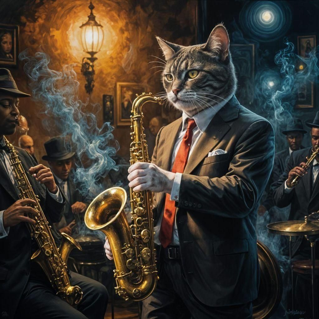Cat Playing Saxophone in Smoky Jazz Club Painting