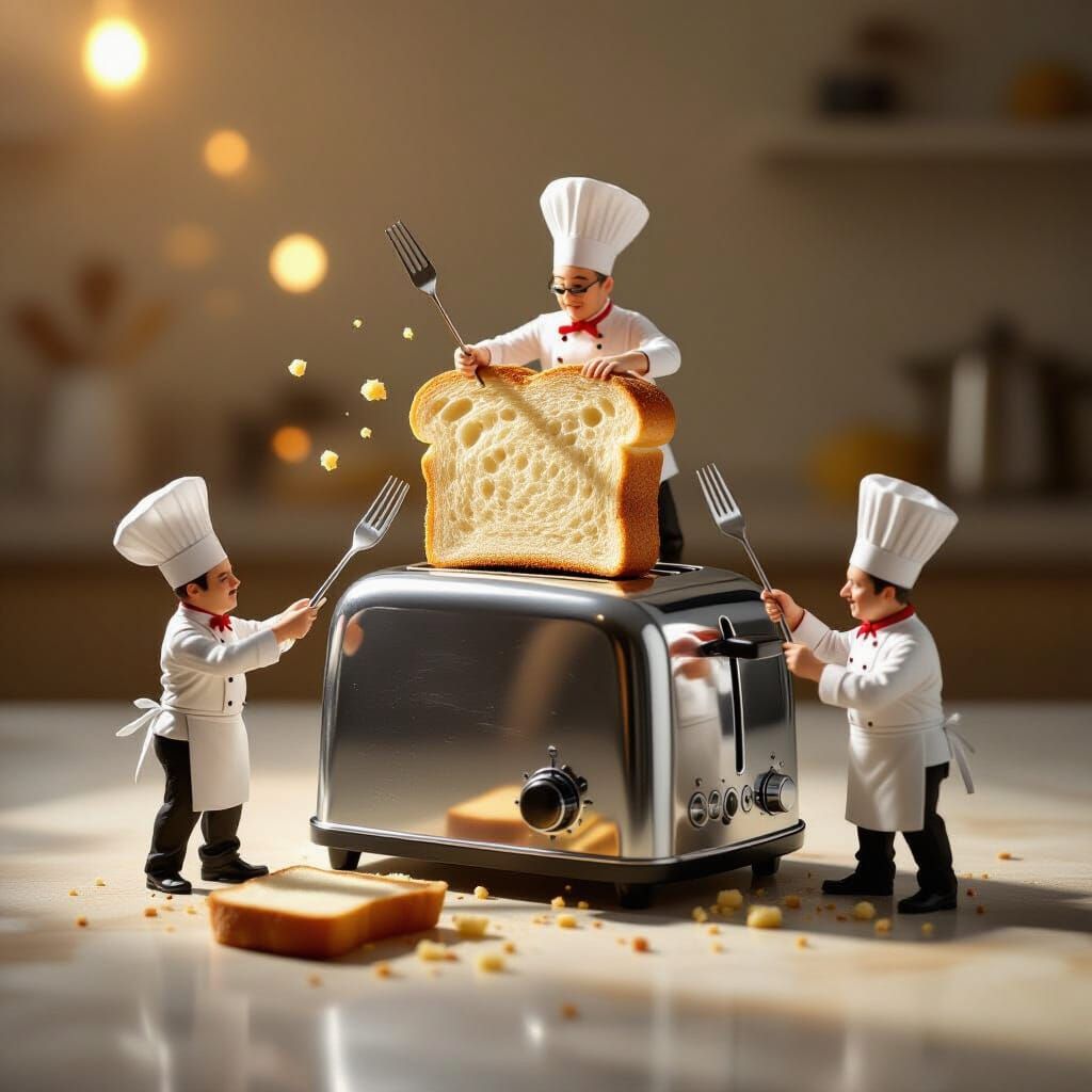 Miniature Chefs Maneuver Bread Into Toaster in Surreal Scene