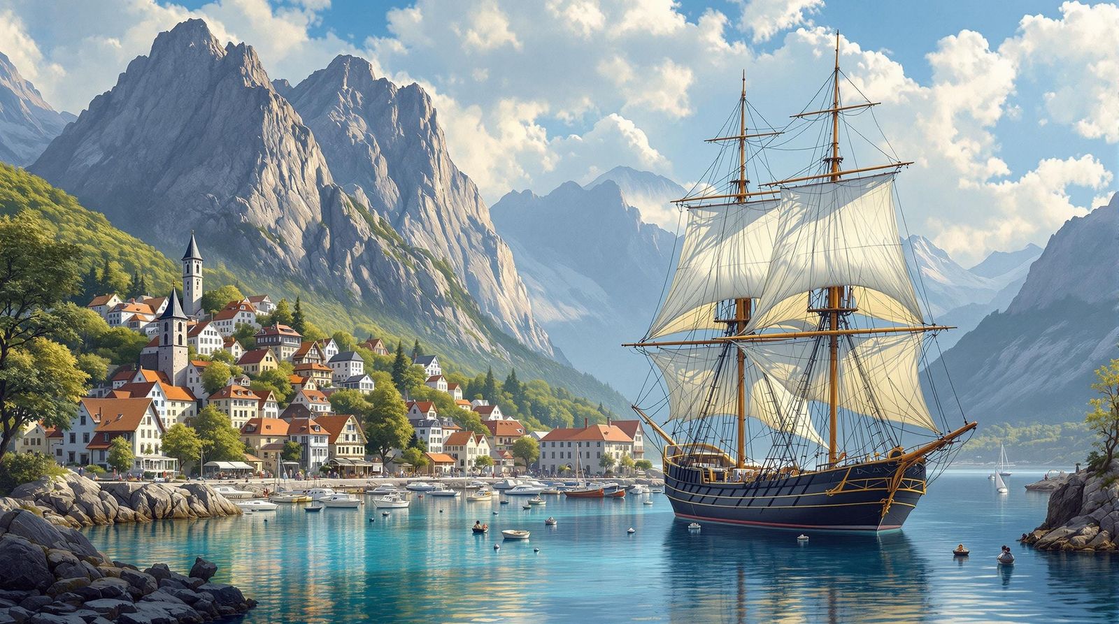 Vibrant Harbor Town Under Azure Skies