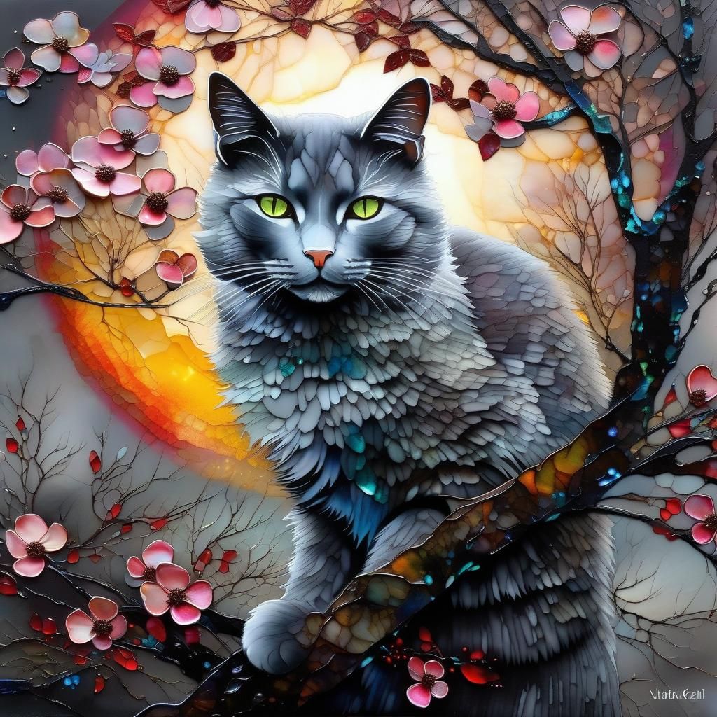 Grey Cat in Magical Dogwood Tree: Mixed Media Art