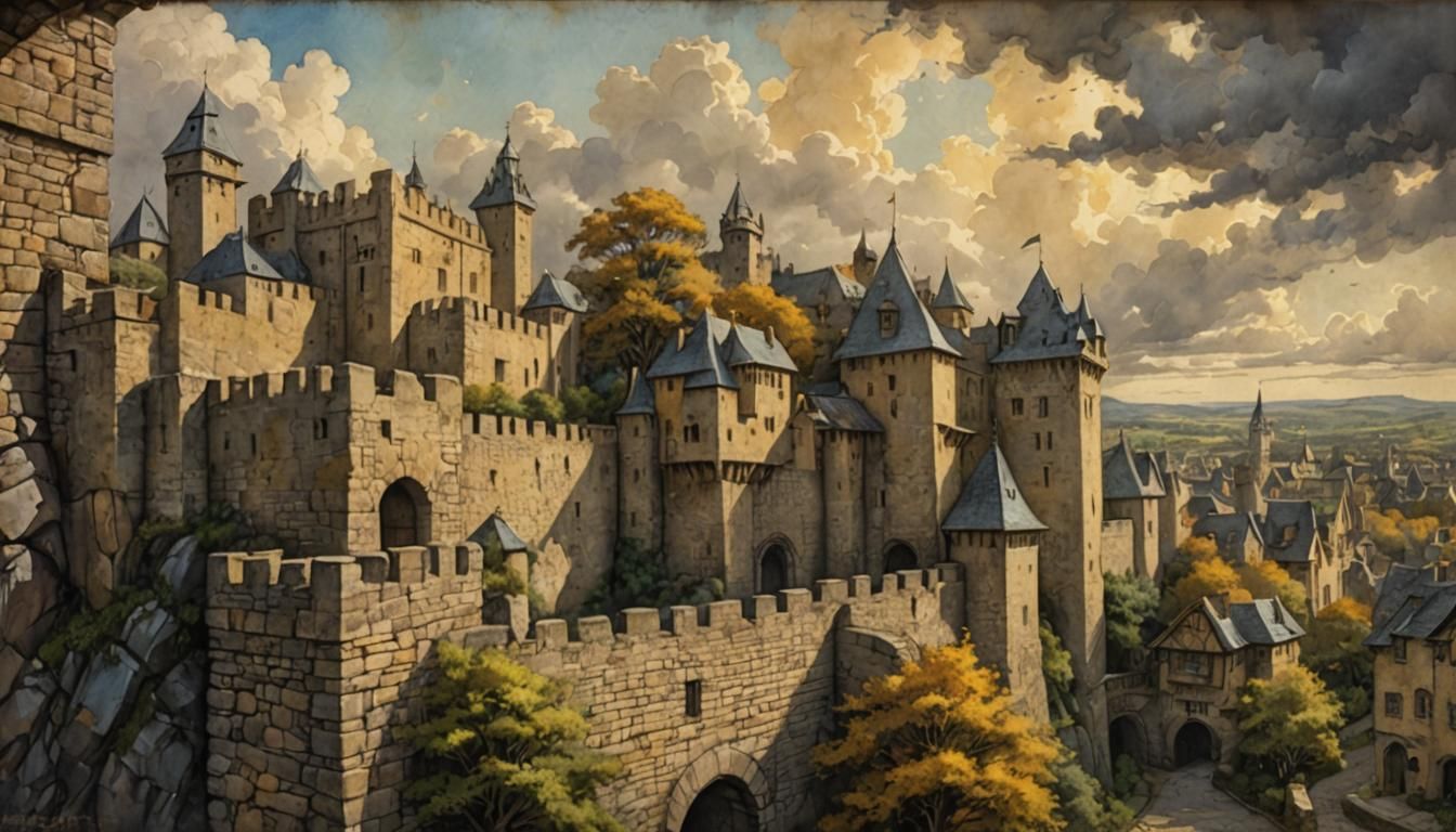 Vibrant Fortified City Wall in Mixed Media