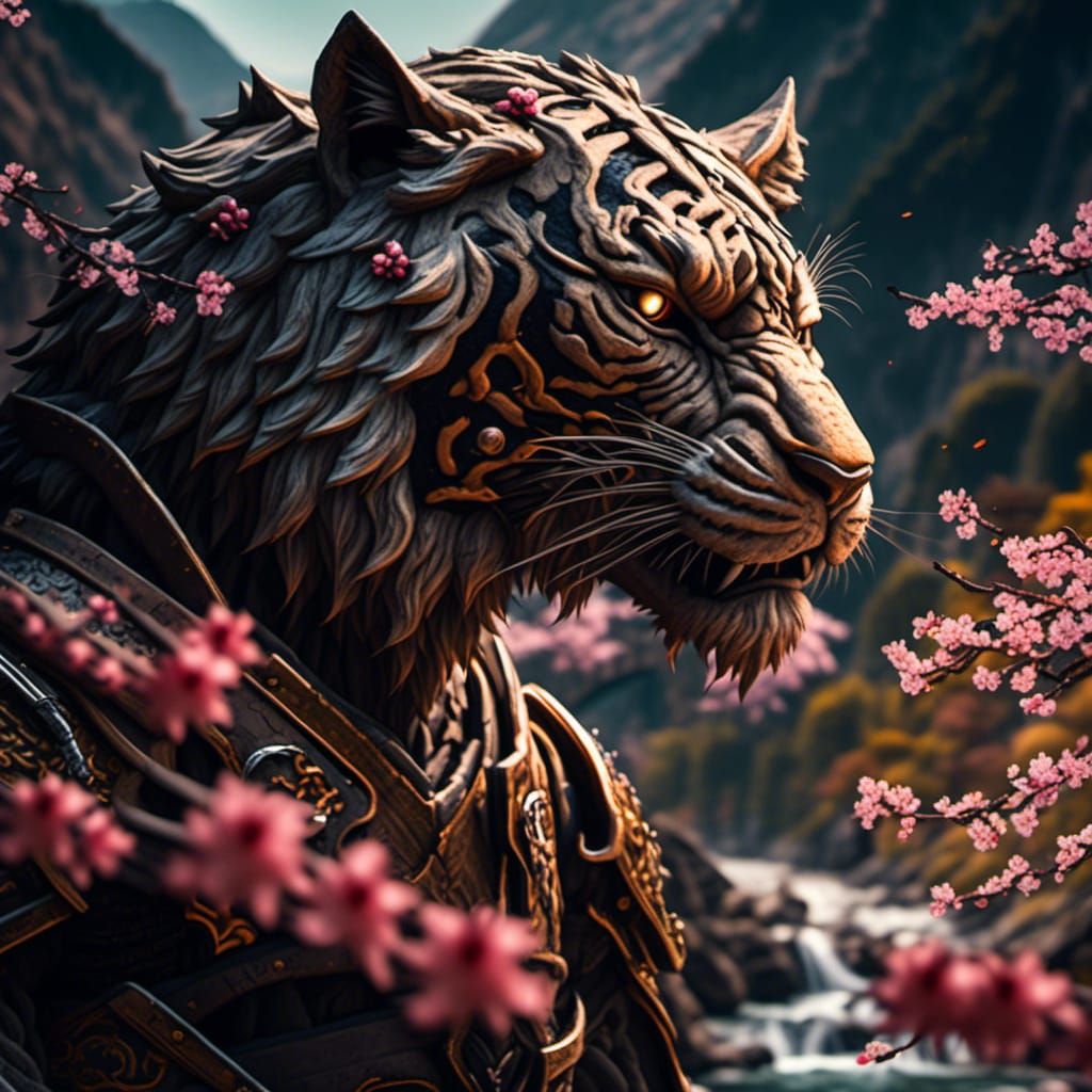 Hyperrealistic Giant Knight with Tiger in Cherry Blossoms