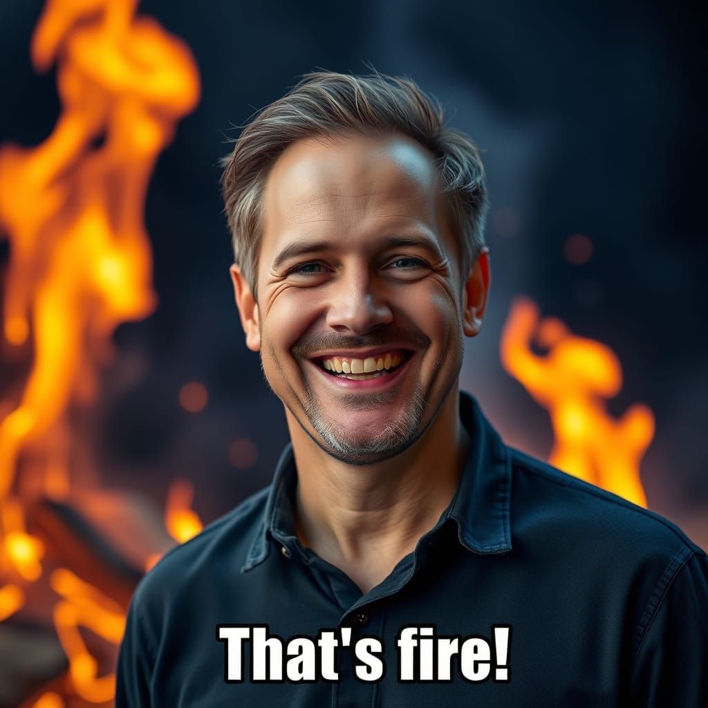 A smiling man against a backdrop of fire with the caption "That's fire!"