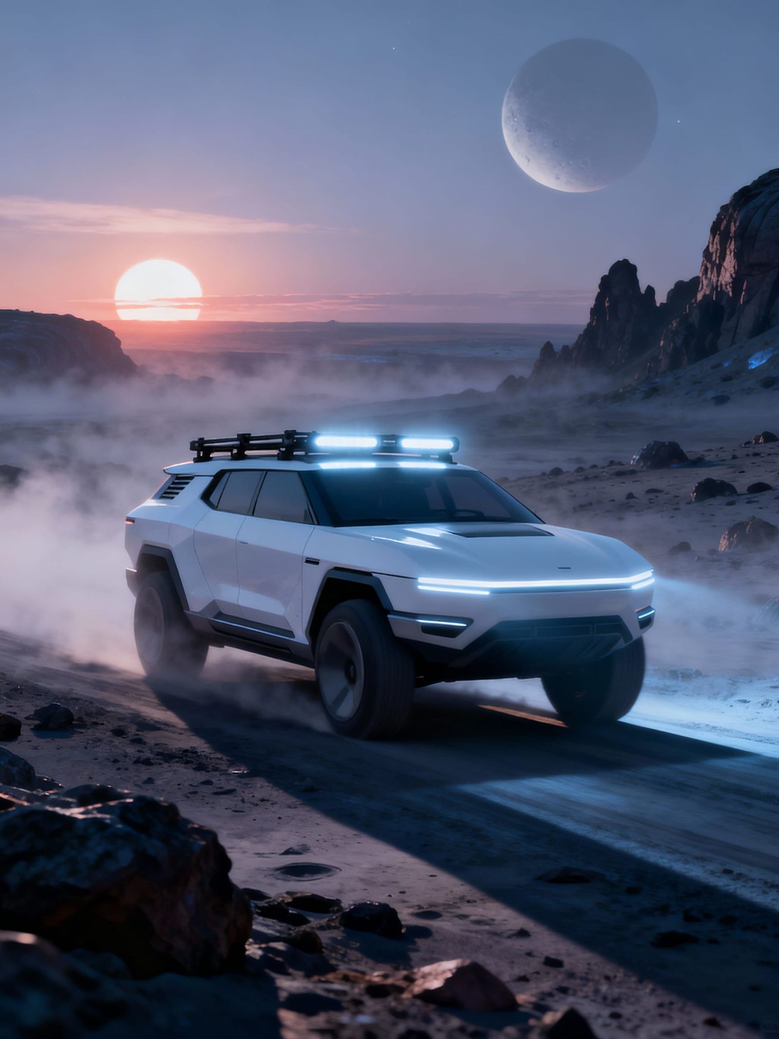 Futuristic White SUV on Alien Planet Twilight