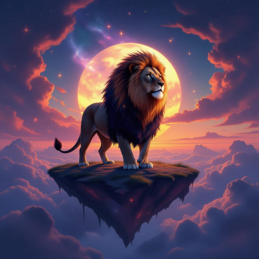 Majestic Lion on Floating Island Under Binary Sunset