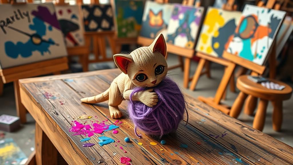 Wooden Kitten Plays with Wool in Photorealistic Style