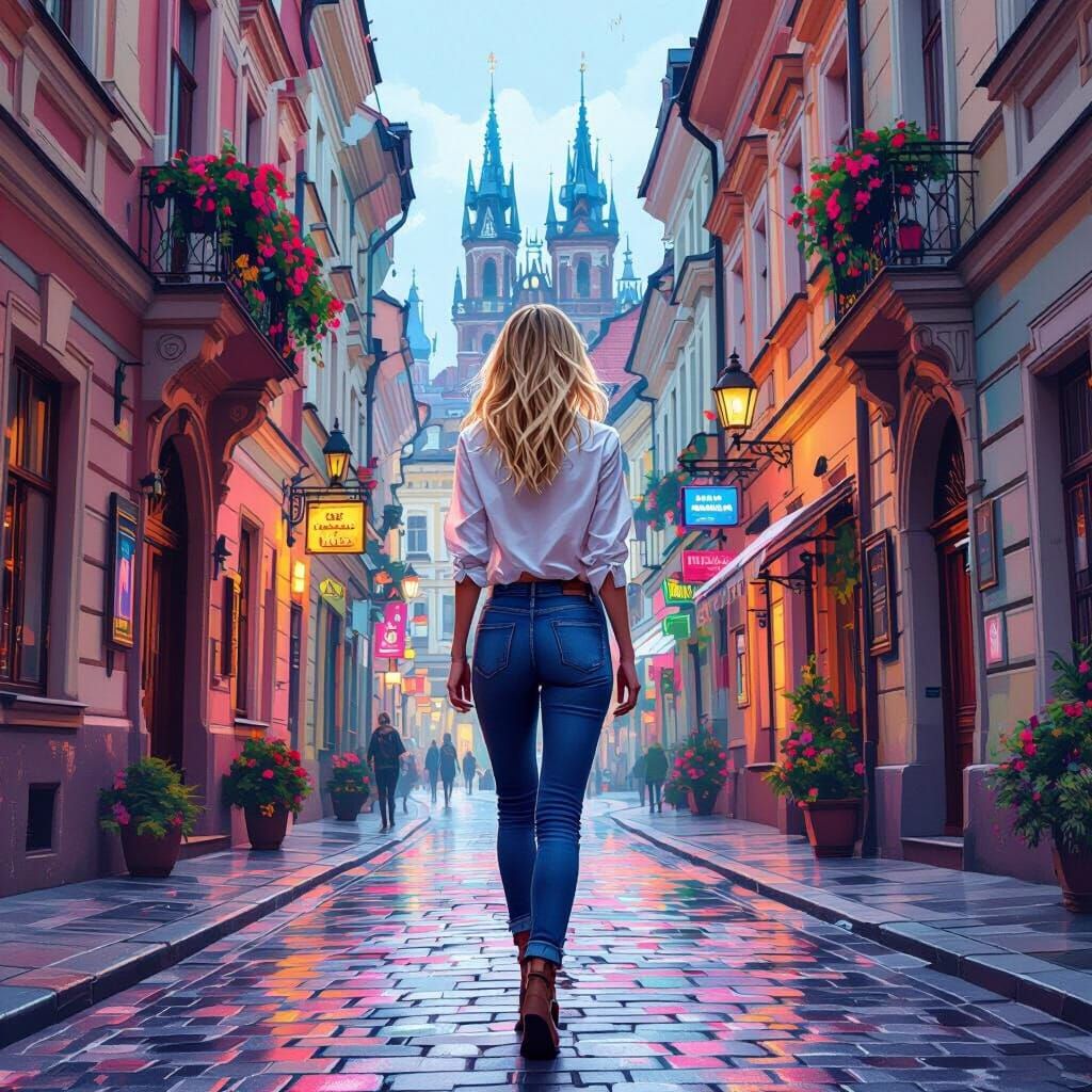 Woman Walks Historic Polish Street in Digital Painting Style
