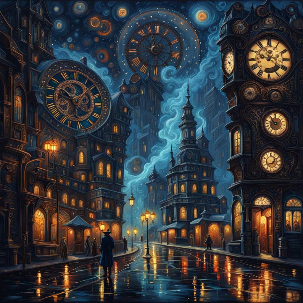 Steampunk Time Machine on Rainy Street: Tonalist Abstract