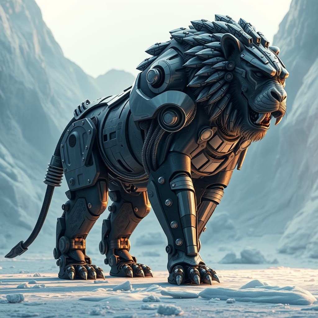 Metallic Lion-Gorilla Hybrid in Icy Sci-Fi World