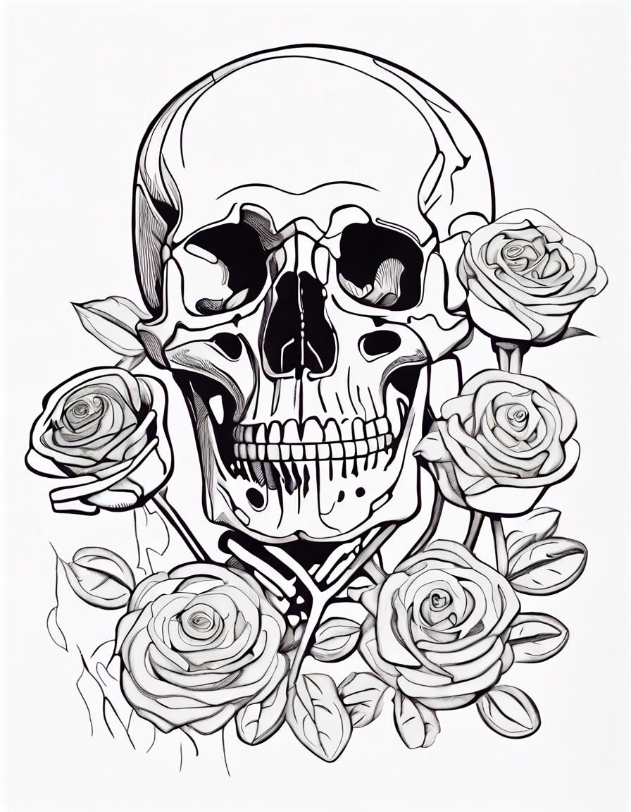 Laughing Skeleton Giving Roses in Minimalistic Line Art