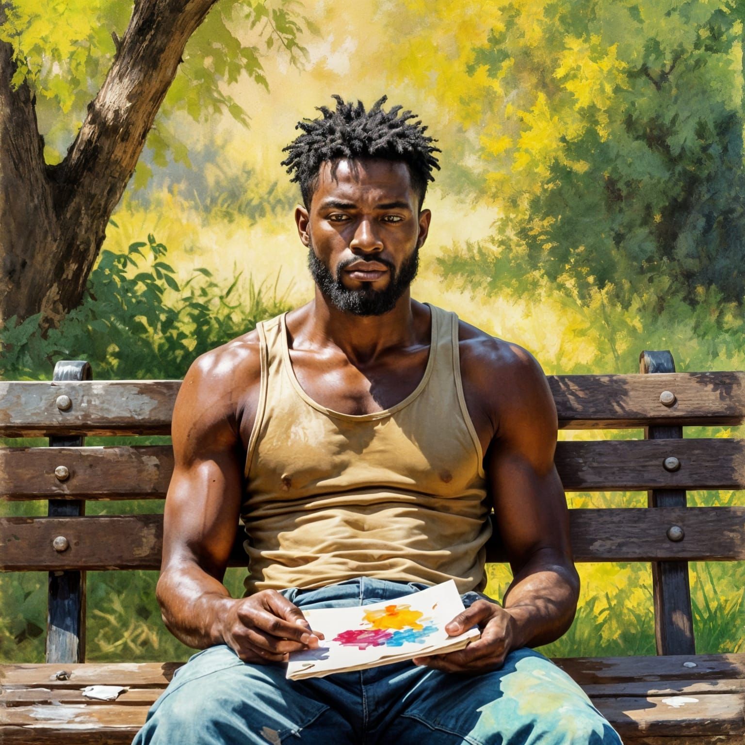 Contemplative Man in Park: Gouache Impressionist Painting
