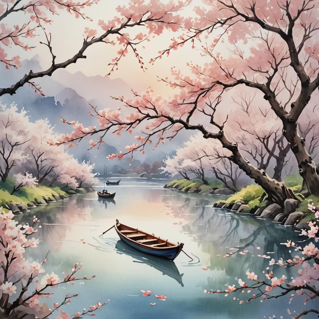 Japanese Cherry Blossoms in Watercolor Landscape