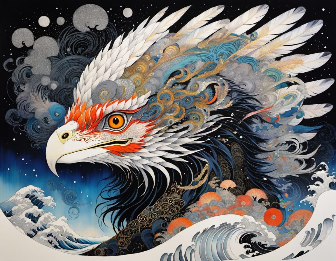 Deity Rides Wave in Art Nouveau Style