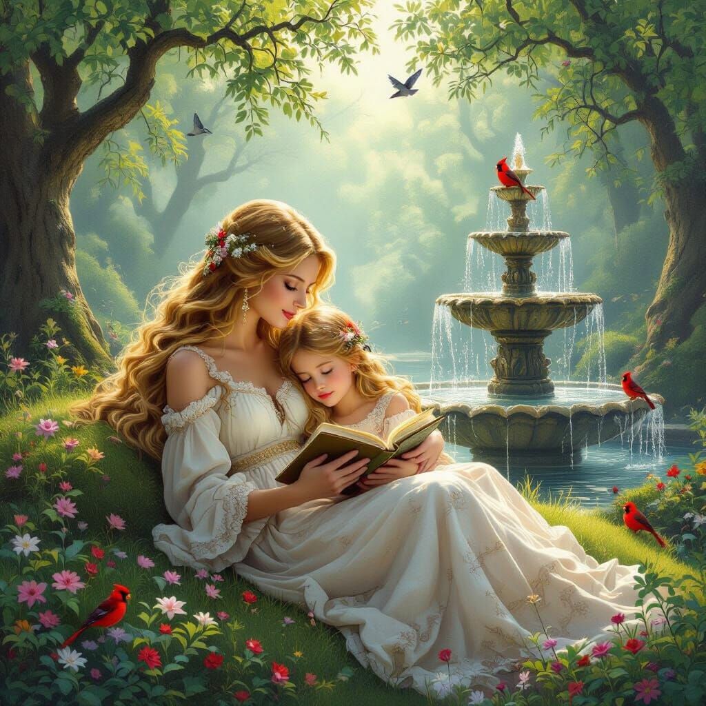 Enchanted Forest Scene: Golden-Haired Mother and Daughter
