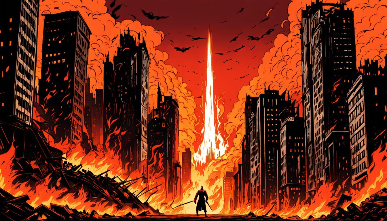 Golden Age Superhero Soaring Through Burning City