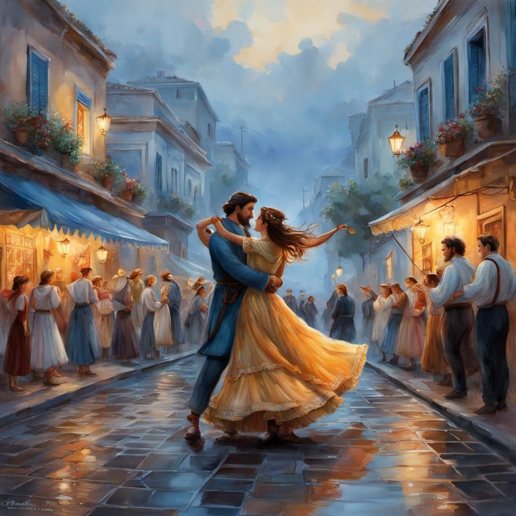 Dreamy Greek Street Dance in Whimsical Watercolor