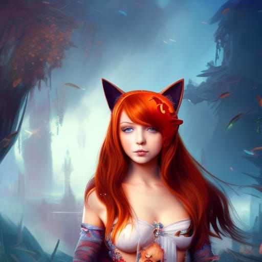 Redhead Girl with Cat Ears in Detailed Matte Painting