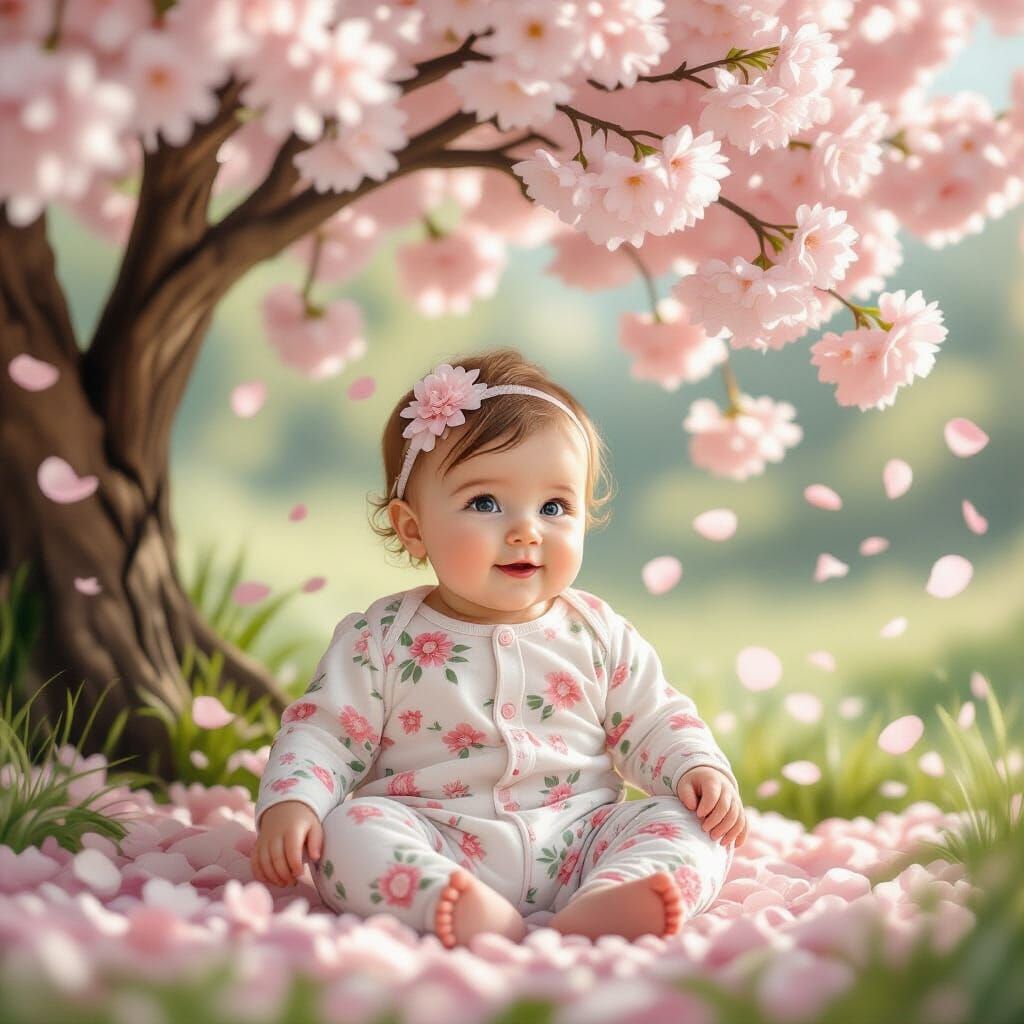 Baby Under Flower Tree in Whimsical Style