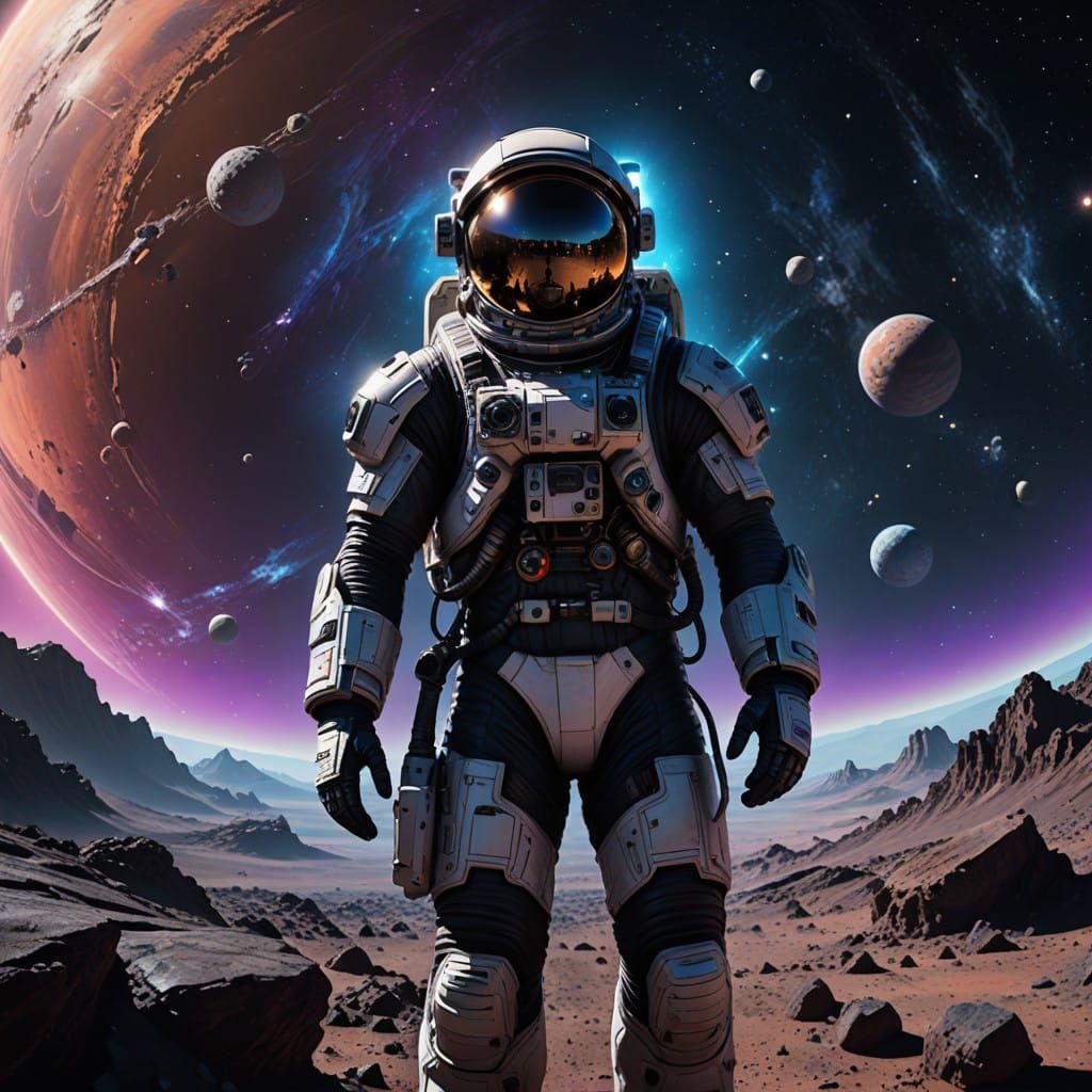 Astronaut in Futuristic Space Suit with Cosmic Reflections