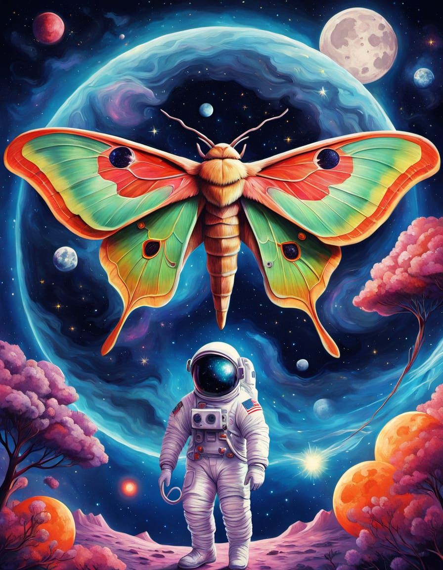 Luna Moth Astronaut in Cosmic Graffiti Art