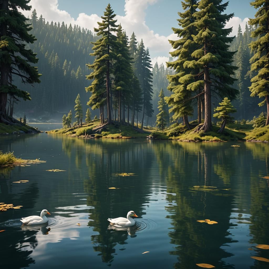 White Duck Swimming in Lake with Pine Forest
