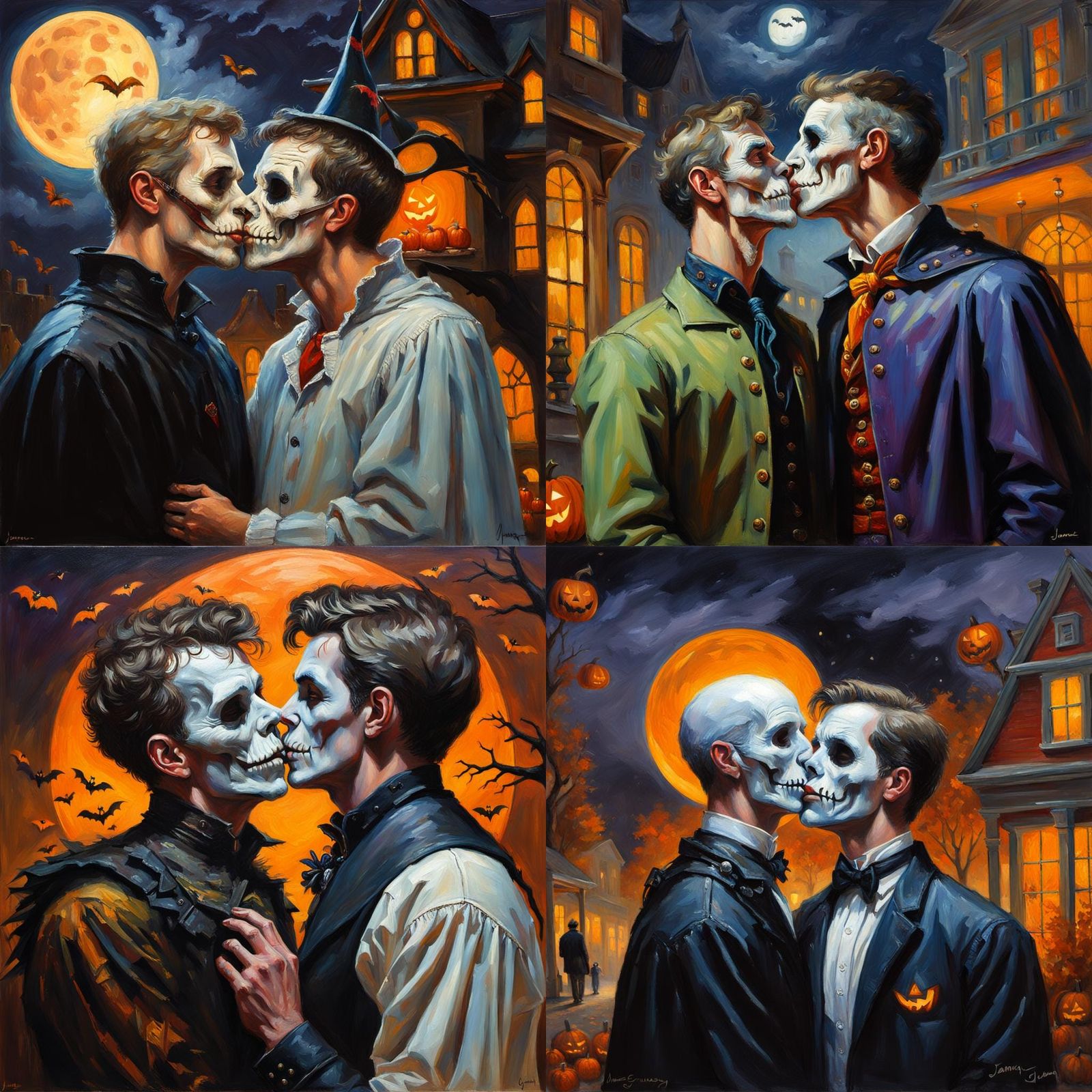Gay Couple's Halloween Kiss: Oil Painting Style