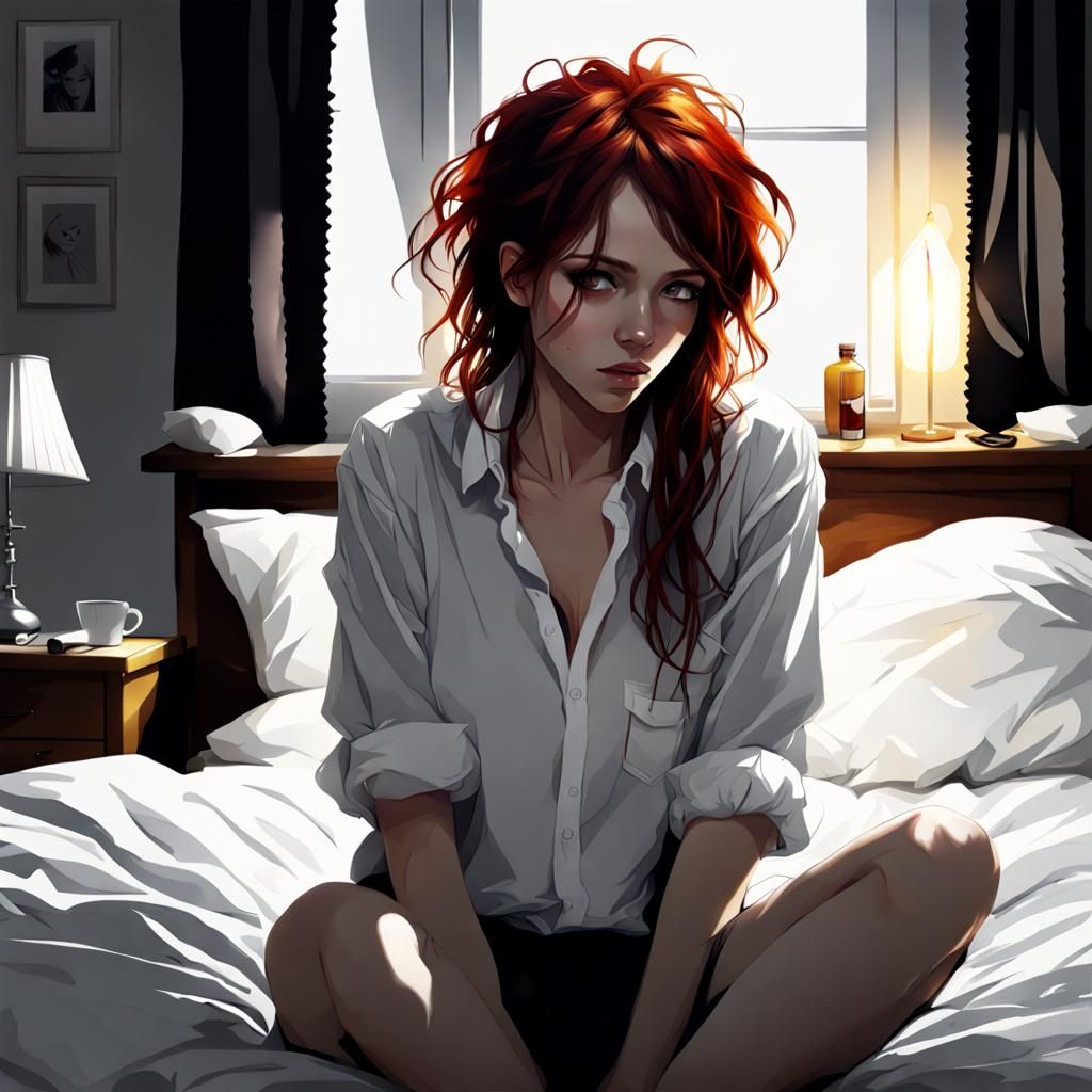 Beautiful Woman with Black and Red Hair Smoking