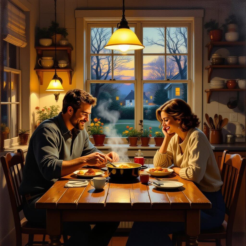 Man Cooks Dinner in Cozy Kitchen, Realistic Oil Painting