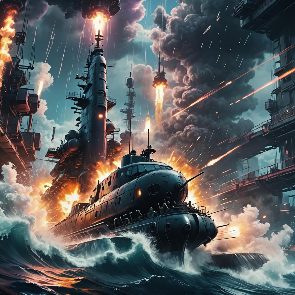 Cyberpunk Submarine Torpedo Launch in Anime Style
