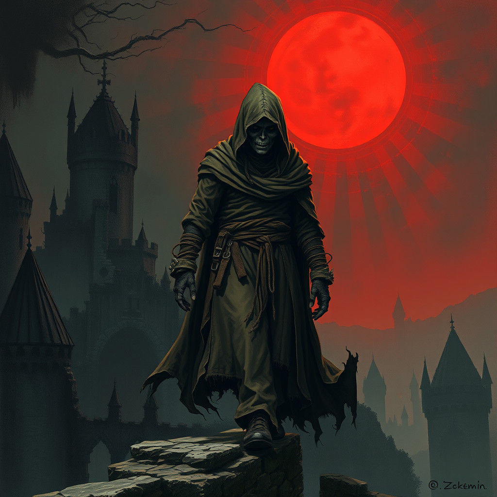 Hooded Undead Adventurer in Dark Fantasy Landscape