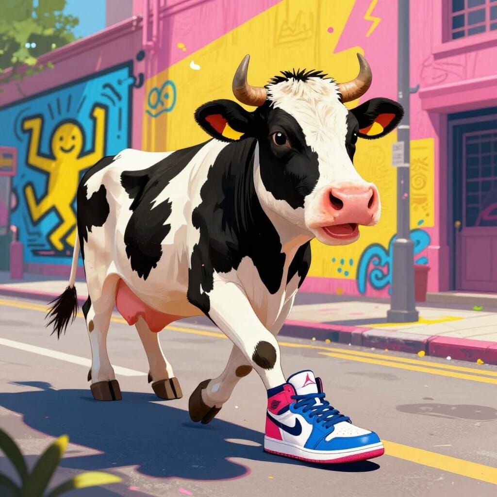 Cow in Air Jordans on City Street