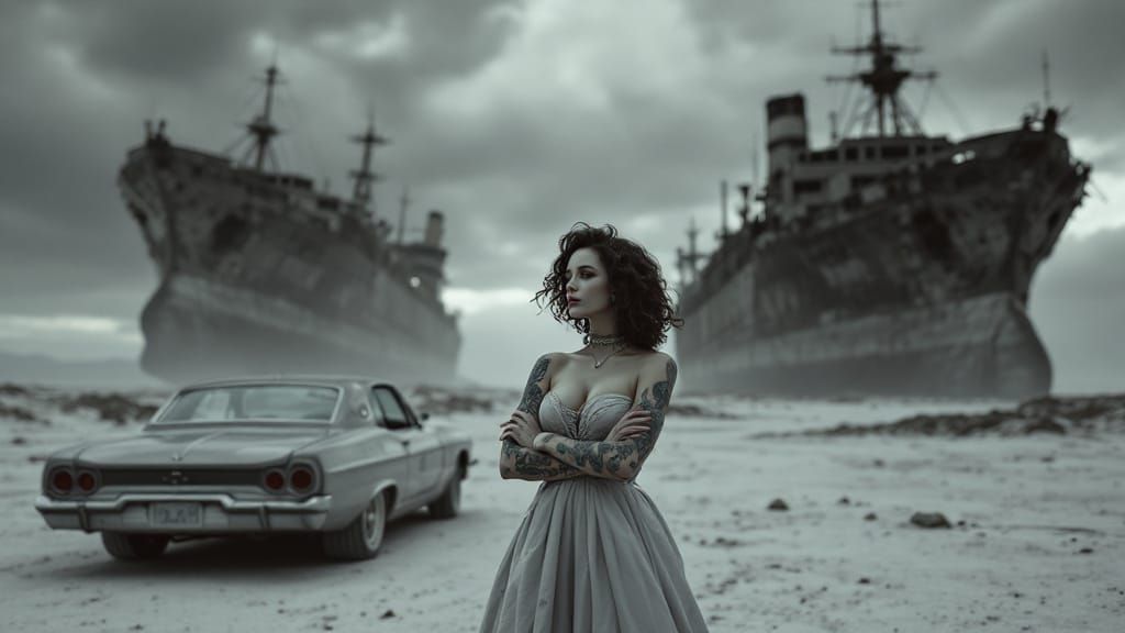Glamorous Woman in Post-Apocalyptic Landscape