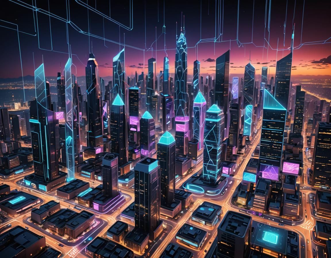 High-Tech Neon Cityscape with Flowing Data Streams