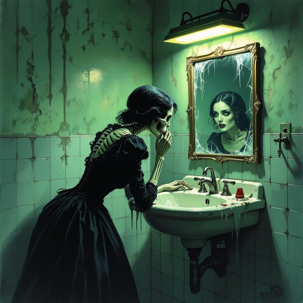 Ethereal Portrait of a Haunted Lady in a Grimy Bathroom
