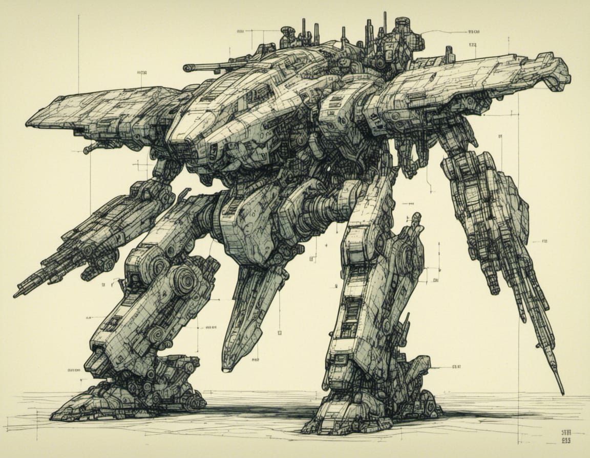 Watercolored Line Art of Sleek Organic Mecha