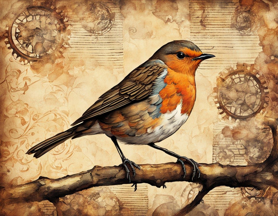Steampunk Robin on Branch in Watercolor Style