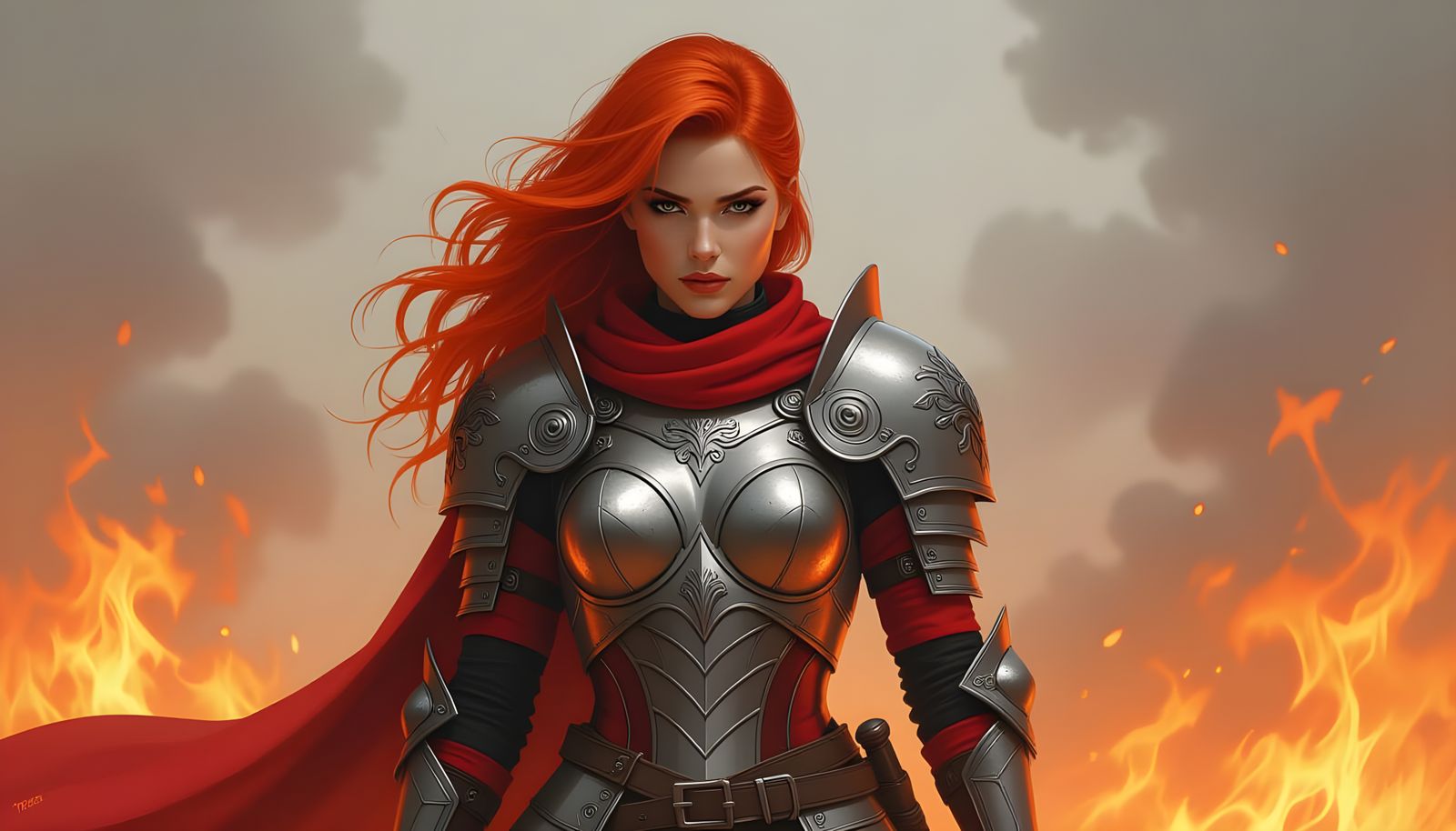 Fiery Female Warrior in Flame Red and Silver Armor