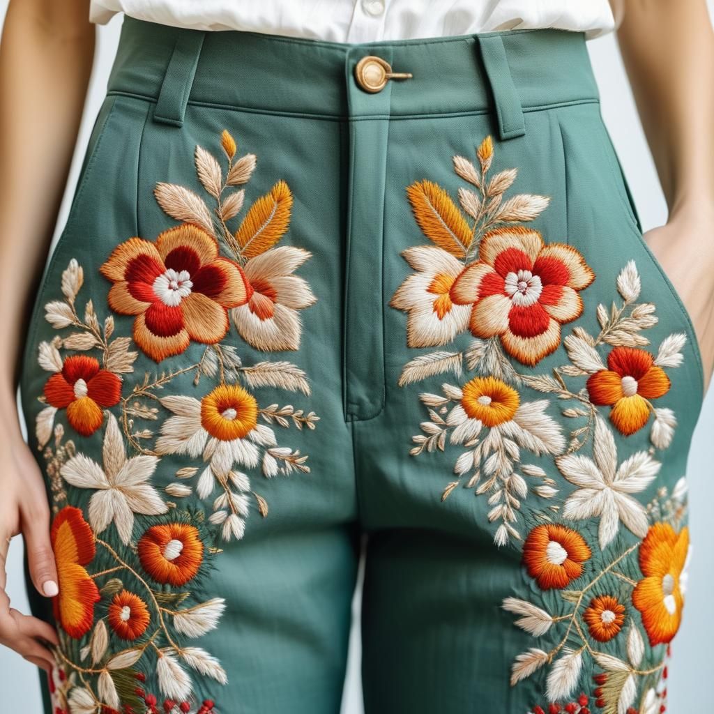Intricate Embroidered Floral Pattern on Pants