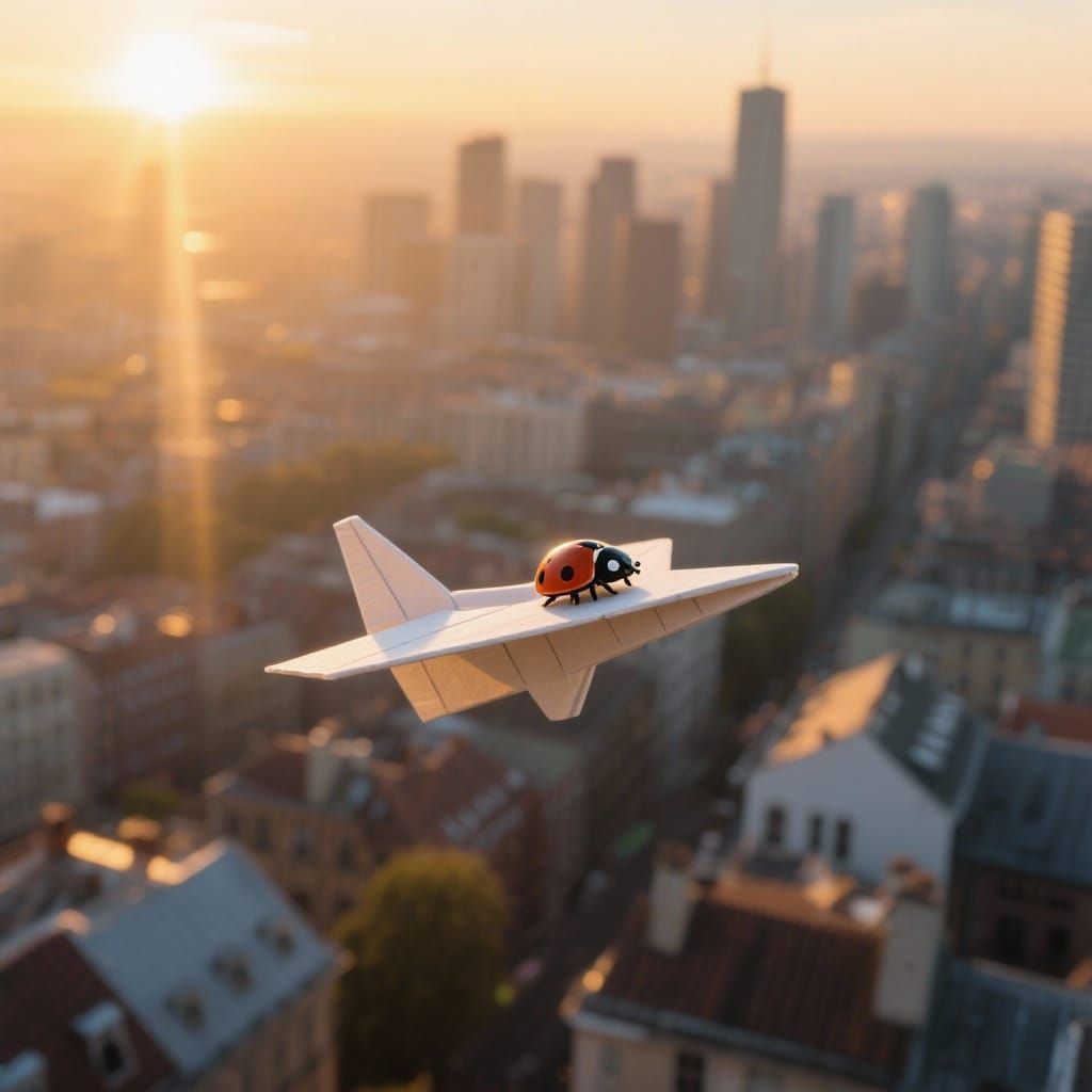 Toy Airplane and Ladybug Over City at Sunrise