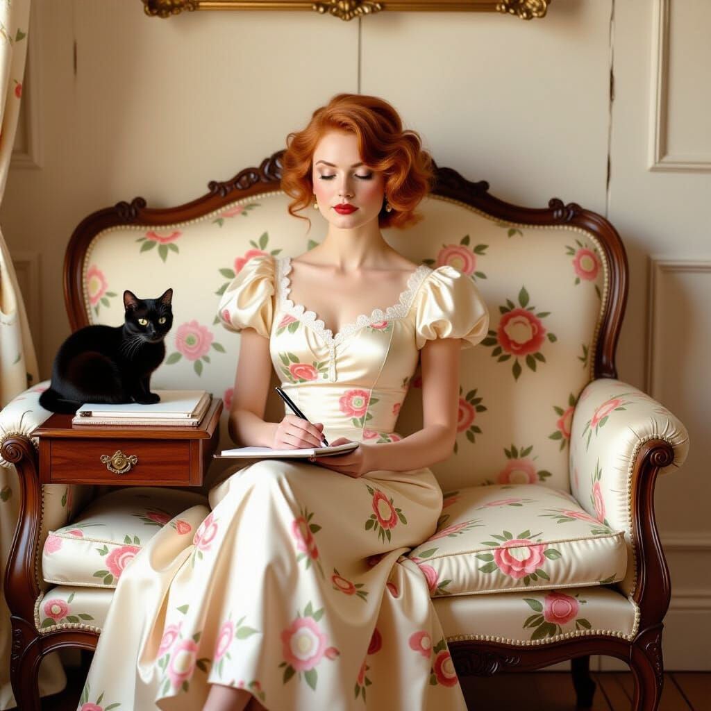 Woman with Cat in Sunlight: Art Nouveau Style