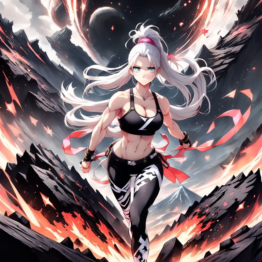 Muscular Woman Climbs Volcano in Anime Style