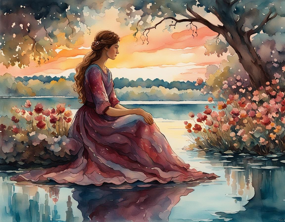 Woman by Sunset Lake: Whimsical Watercolor Painting